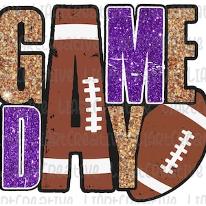 Football Game Day Purple and Gold Glitter PNG, Football Png Sublimation Design Download, Football Game Day png, Football png designs