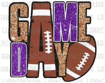 Football Game Day Purple and Gold Glitter PNG, Football Png Sublimation Design Download, Football Game Day png, Football png designs