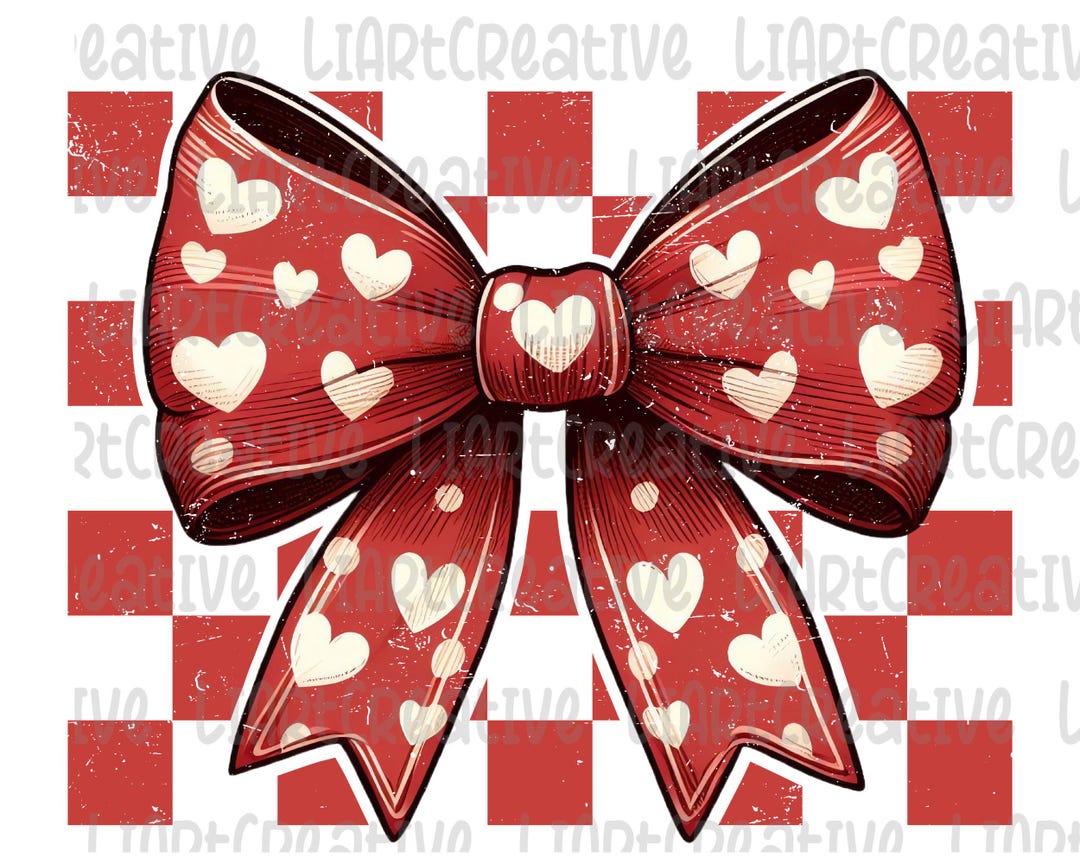 Valentines Day Coquette Heart Bow Png, Valentine Bow Checkered Png ...