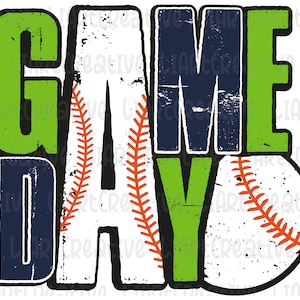 May include: Green, blue, and white graphic text that reads "GAME DAY" with a baseball graphic in the center. The baseball is white with red stitching.