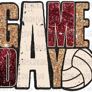 Game Day Volleyball Maroon and Gold Glitter Png, Volleyball Png Sublimation Design, Game Day Volleyball Png