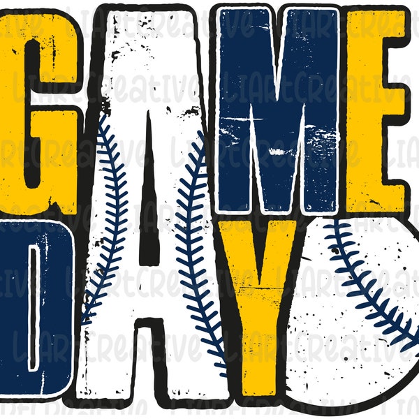 Baseball Game Day Gold and Navy Blue PNG File, Baseball  Png Sublimation Design, Baseball png design, Game Day PNG