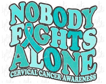 Op de afbeelding: Tealblauwe en witte grafische vormgeving met de tekst "Nobody Fights Alone" en "Cervical Cancer Awareness".