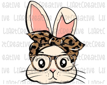 Króliczek ręcznie rysowany PNG, Leopard Bow Bunny Png, Króliczek Wielkanocny Okulary Sublimacja png Design, Wielkanoc png