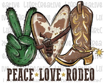 Western Peace Love Rodeo PNG, Western Cowhide Cactus png, Sublimación png Diseños dibujados a mano Imprimible Camiseta gráfica descargar, Rodeo Png