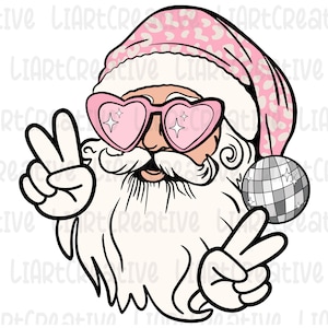 Santa Pink Peace Christmas  PNG, Santa Claus Disco Retro Christmas Png, Santa Disco Christmas Png, Christmas Png