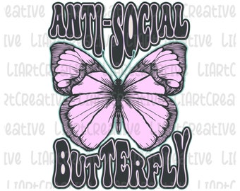 Papillon antisocial PNG, papillon Sublimation PNG Design, papillon rétro PNG design