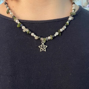 Necklace, beaded, green, crystal, star, cute, grunge, forest