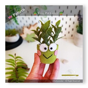 Può includere: Un coprivaso a forma di rana all'uncinetto verde che tiene una piccola pianta. Il coprivaso ha occhi bianchi, guance rosa e una bocca cucita nera. Il testo "Frog Pot Cover" è visibile.