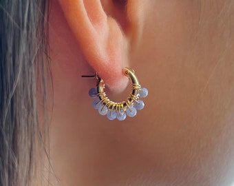 Tiny Tanzanite Hoop Earrings, December Birthstone Earrings, Gold Huggie Earrings, Birthstone Hoops, Beaded Earrings, Hoop Earrings for Women