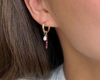 Garnet Removable Hoop Earring Set, Pearls Hoops Earrings, January Birthstone Earrings, Customize Earrings,Birthday Gift for Her, Birthstone