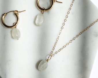 Moonstone Necklace and Earring Set, June Birthstone, Minimalistic Hoop Earring, Gemstone Gold Hoop Earrings, Gold Jewelry Set