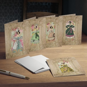 Conjunto elegante de tarjetas de felicitación con temática victoriana para mujeres, colección de tarjetas, papelería artesanal, felicitaciones de cumpleaños y festividades, personalizable.