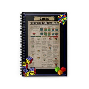 May include: A spiral-bound notebook with a black cover and a detailed guide to solving a Rubik's Cube. The notebook features the name "James" at the top and colorful Rubik's Cubes as decorative elements. The guide includes diagrams and instructions.