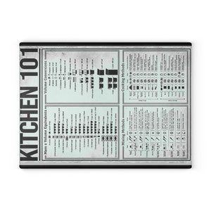 Peut inclure: Planche à découper de cuisine rectangulaire avec une bordure noire. La planche présente le texte "KITCHEN 101" en grandes lettres blanches. Elle comprend également des tableaux de cuisine avec des conversions de volume, des méthodes de cuisson et de mélange.