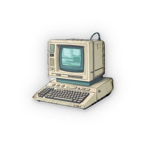May include: Illustration of a vintage computer with a beige monitor and keyboard. The screen displays a light blue image. The keyboard has black keys. The computer has a retro aesthetic, evoking the 1980s.