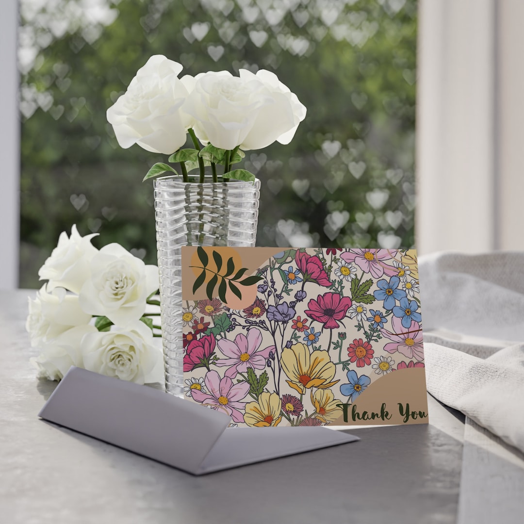Pink Flower and Leaves Thank You Card Set(two-sided Print) - Etsy