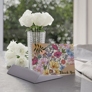 Conjunto de cartões de agradecimento com flores e folhas rosa (impressão frente e verso)