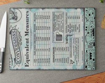 Kitchen Measurement Chart Glass Cutting Board: Vintage Cookbook Style