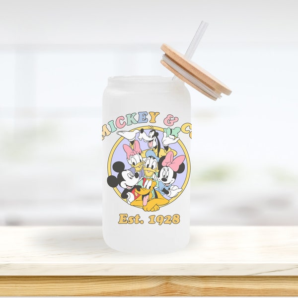 Disney Inspired - 18oz Mickey Mouse and Friends Frosted Glass Cup - Lid and Straw Included