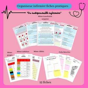 Peut inclure: Ensemble de 12 fiches de référence médicale, comprenant des mémos sur la transfusion, les jauges et les cathéters. Les fiches sont disposées sur un fond rose, avec du texte en français. Le titre est "Organiseur infirmier fiches pratiques."