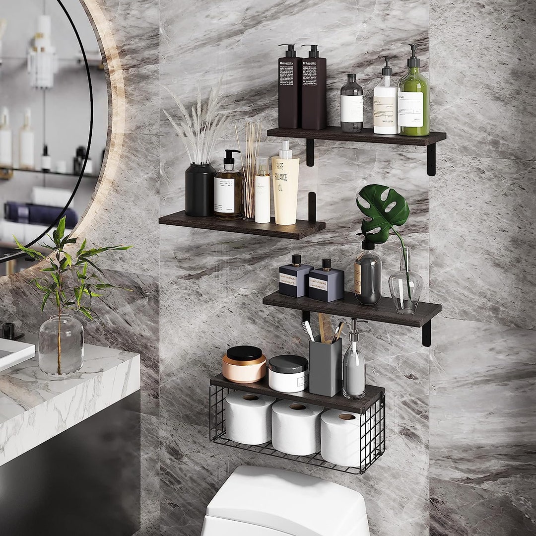 41 Tier Rustic Bathroom Floating Shelves With Storage Basket Etsy