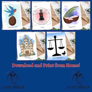 Może przedstawiać: Zestaw pięciu ilustrowanych kart z fantazyjnymi wzorami, w tym ptak na kokosie, postać w okręgu, kokosy z liśćmi palmowymi, zamek i waga. Widoczny jest również tekst "Download and Print from Home!".