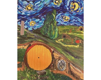 Hobbit's Starry Night Art Print: Tolkien Fantasy on Watercolor Paper