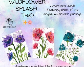 Wildflower Splash Trio: Blank Notecard Greeting Card Set of Three Art Cards