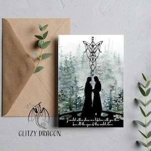 May include: A watercolor illustration of two silhouettes of people standing on a bridge in a forest. The background is a watercolor wash of green and blue. The text "I would rather share one lifetime with you than face all the ages of this world alone" is at the bottom of the image.