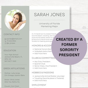 Sorority Rush Resume Template | Sage Green Sorority Resume | Minimalist Sorority Recruitment Resume | Sorority Resume and Cover Letter