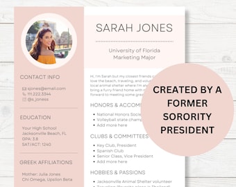 Sorority Resume Template | Light Pink Recruitment Resume | Minimalist Sorority Recruitment Resume | Sorority Resume and Cover Letter | Photo