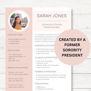 Sorority Resume Template | Light Pink Recruitment Resume | Minimalist Sorority Recruitment Resume | Sorority Resume and Cover Letter | Photo
