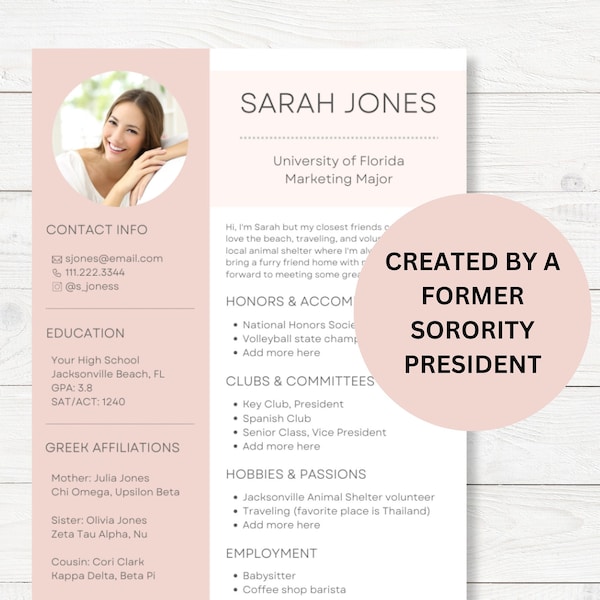 Sorority Resume Template | Light Pink Recruitment Resume | Minimalist Sorority Recruitment Resume | Sorority Resume and Cover Letter