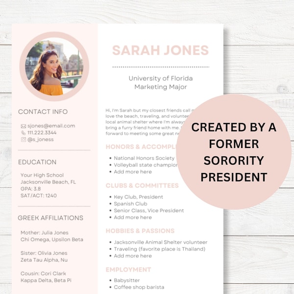 Sorority Resume Template | Soft Pink Recruitment Resume | Minimalist Sorority Recruitment Resume | Sorority Resume and Cover Letter