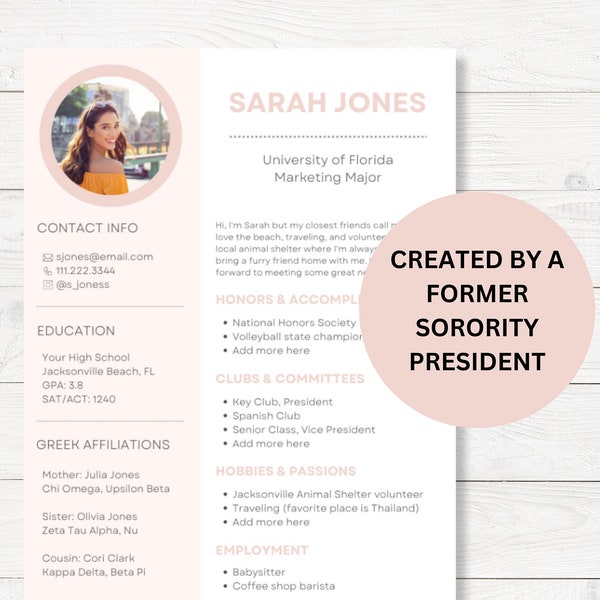 Sorority Resume Template | Soft Pink Recruitment Resume | Minimalist Sorority Recruitment Resume | Sorority Resume and Cover Letter