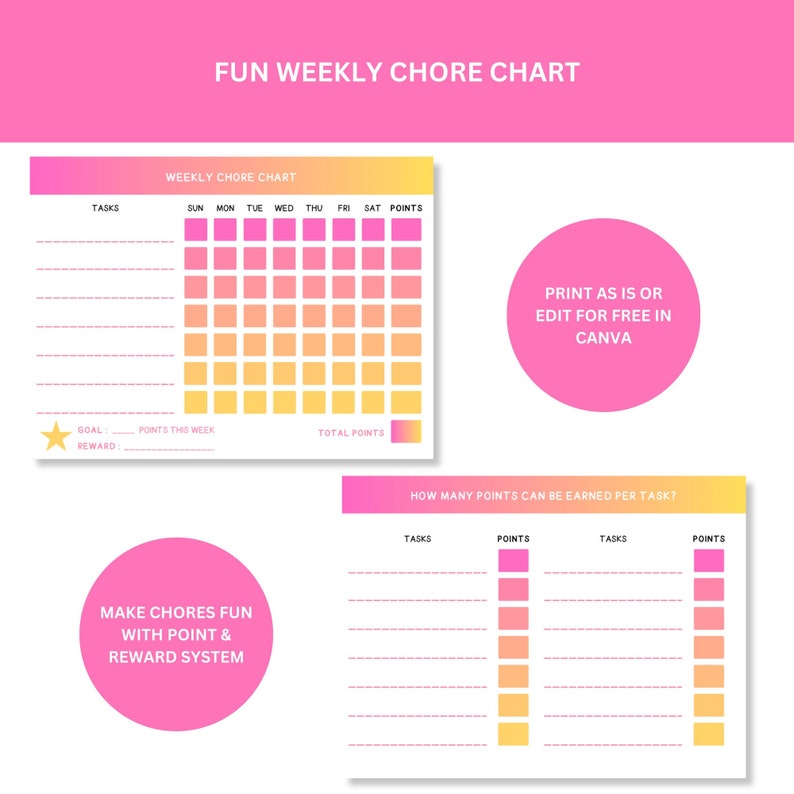 Colorful Chore Chart for Kids | Downloadable Editable Printable Simple ...