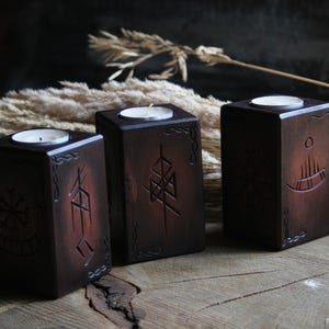 Rustic Viking style handmade wooden set of 3 candle holders.Scandinavian Gift