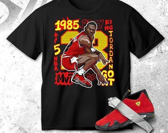 AJ 14 Ferrari red Black White T Shirt Match MJ GOAT 1985 - Gildan Shirt