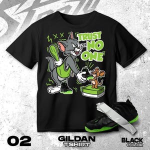 Air Foamposite One Black Volt Black White T Shirt Match Trust No One Cat And Mouse