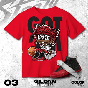 AJ 12 Flu Game Red Black White T Shirt Match Snagged M Sneaker Boy 2- Gildan Shirt