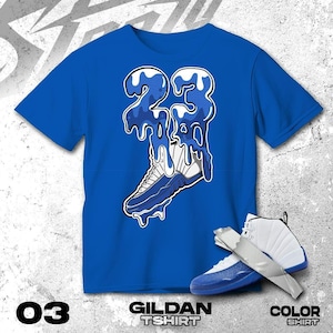 AJ 12 Blueberry Blue Black White T Shirt Match Drip 23 Sneaker- Gildan Shirt