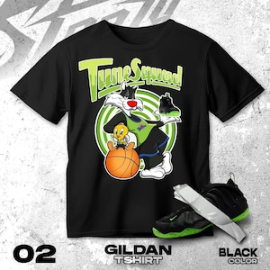 Air Foamposite One Black Volt green Black White T Shirt Match Basketball Squad Cat And Bird -Gildan Shirt