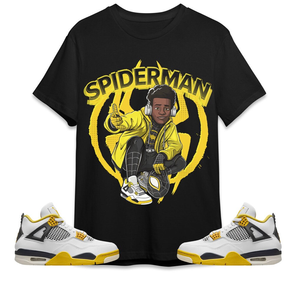 SteezyUSA Spiderman Miles Unisex Tees Aj 4 Vivid Sulfur Streetwear Cartoon 90s Sweatshirt Outfit Back to School Sneaker Match Tees
