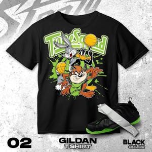 Air Foamposite One Black Volt green Black White T Shirt Match Basketball Squad Team Cartoon- Gildan Shirt