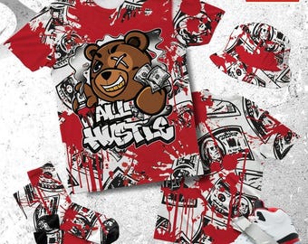 T-shirt, felpa, felpa con cappuccio, calzini, cappello, completo con stampa integrale AJ 5 Fire Red Ber Hustle All Day 3D da abbinare alle scarpe da ginnastica