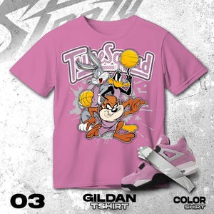 AJ 4 Orchid Black White T Shirt Match Basketball Squad Team Cartoon - Gildan Shirt