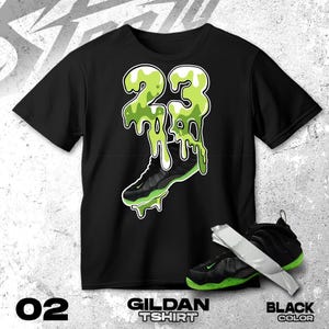 Air Foamposite One Black Volt green Black White T Shirt Match Drip 23 Sneaker- Gildan Shirt