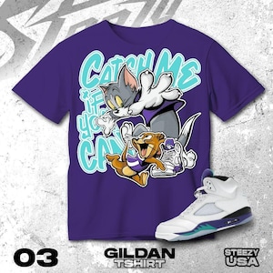 AJ 5 Grape Black White T Shirt Match Catch Me If You Can Cat And Mouse - Gildan Shirt
