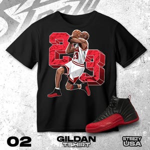 AJ 12 Flu Game Red Black White T Shirt Match Number 23 MJ - Gildan Shirt